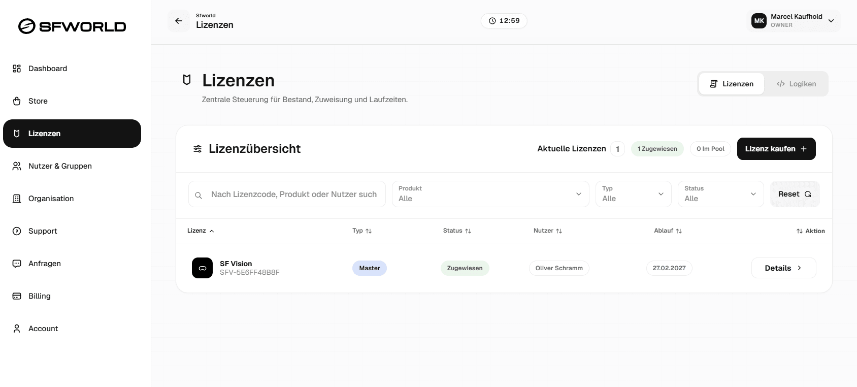 SFWORLD Lizenzübersicht mit Organisationsnavigation und einer SF-VISION-Lizenz.